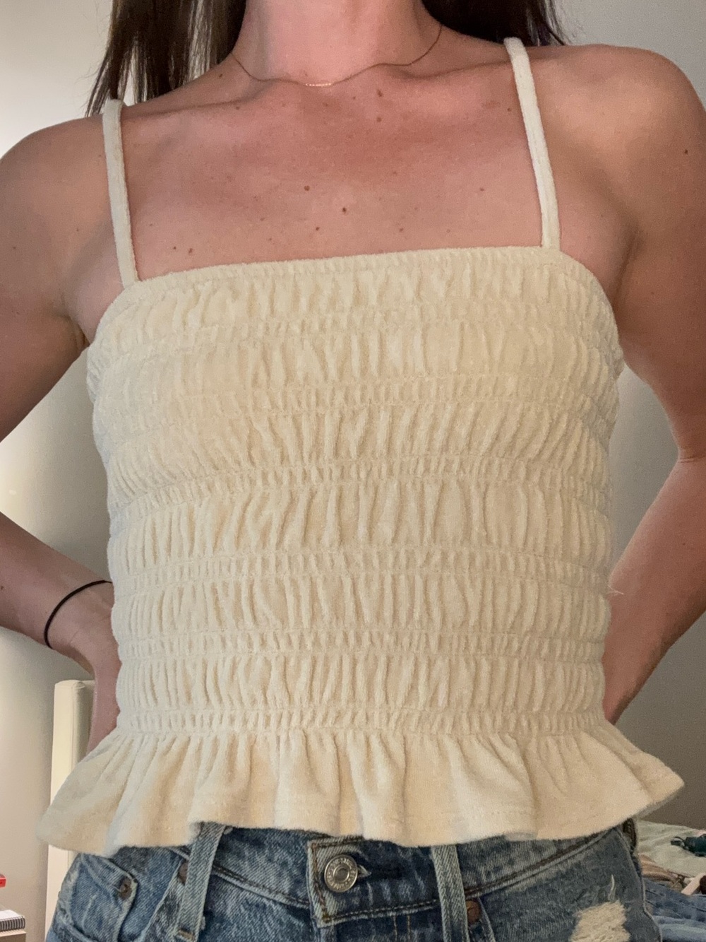 H&M Cream Smocked Spaghetti-Strap Peplum Camisole